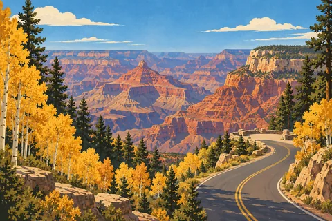Route sinueuse bordée de trembles dorés et de pins, dominant les falaises rouges et les vastes reliefs du Grand Canyon