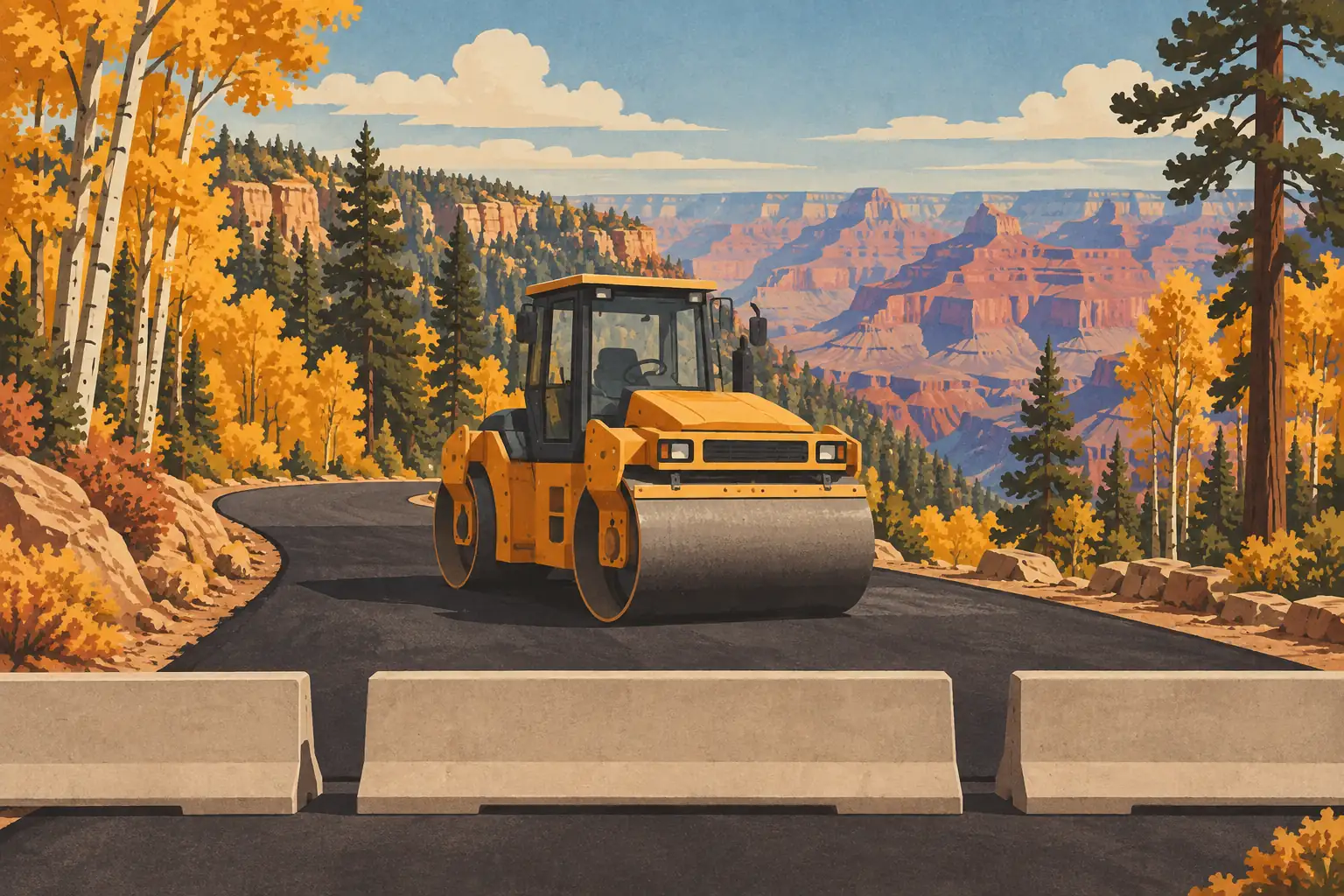 Eine gelbe Straßenwalze asphaltiert eine gesperrte Straße zwischen goldenen Espen mit Blick auf den Grand Canyon
