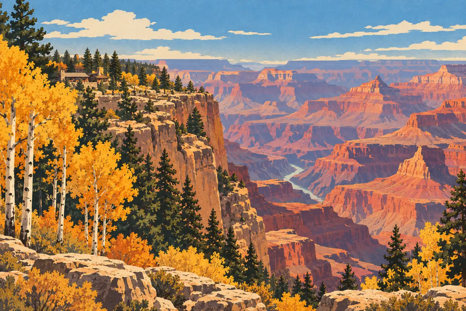 Vue sur le Grand Canyon en automne, avec des trembles dorés, des pins, des falaises rouges et une rivière au fond