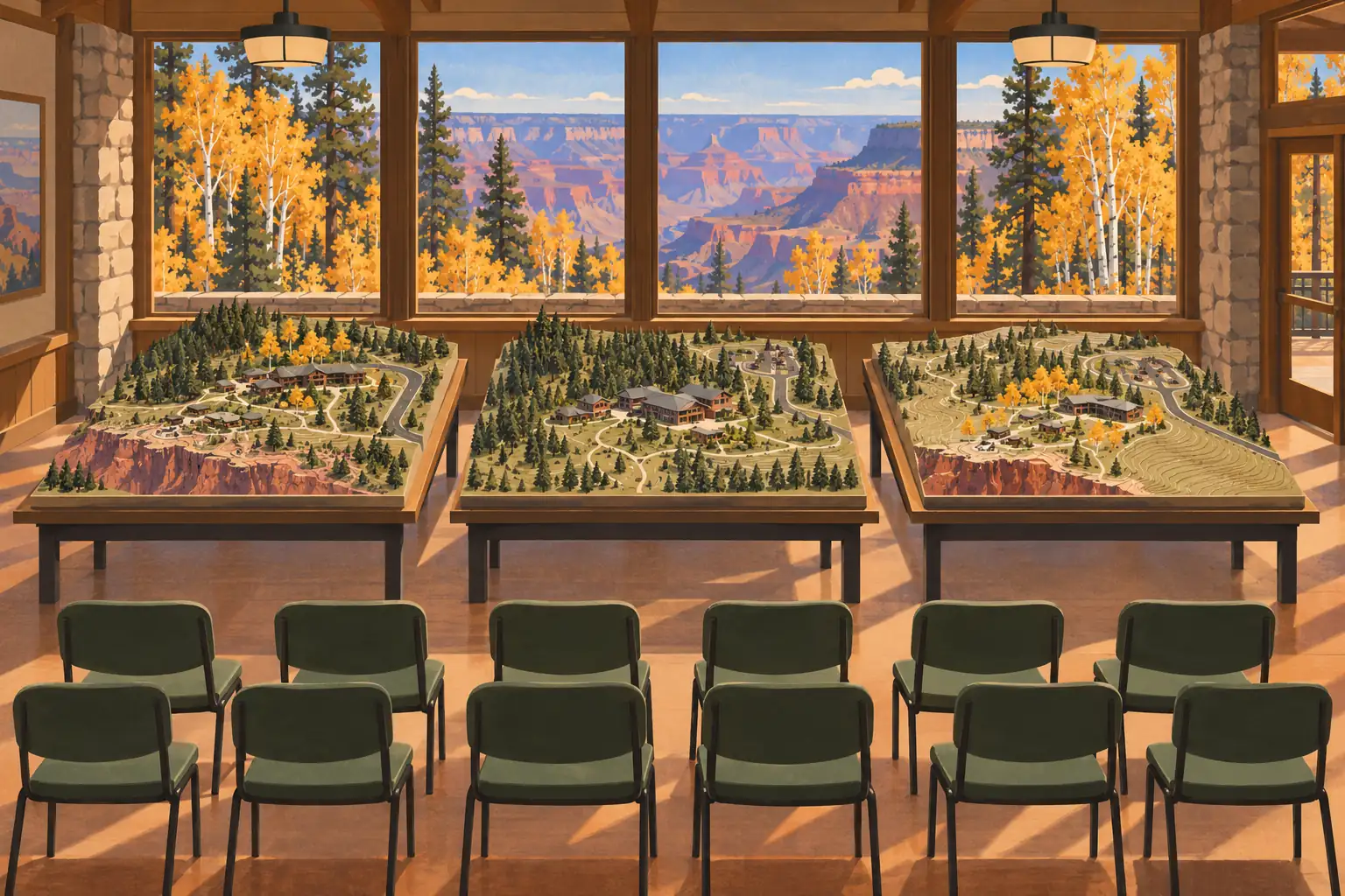 Salle de présentation avec rangées de chaises, trois maquettes paysagères et vue sur le Grand Canyon en automne