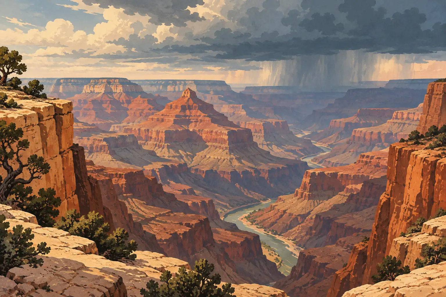Vue panoramique du Grand Canyon, avec falaises orangées, rivière sinueuse, pins au premier plan et pluie sous de sombres nuages