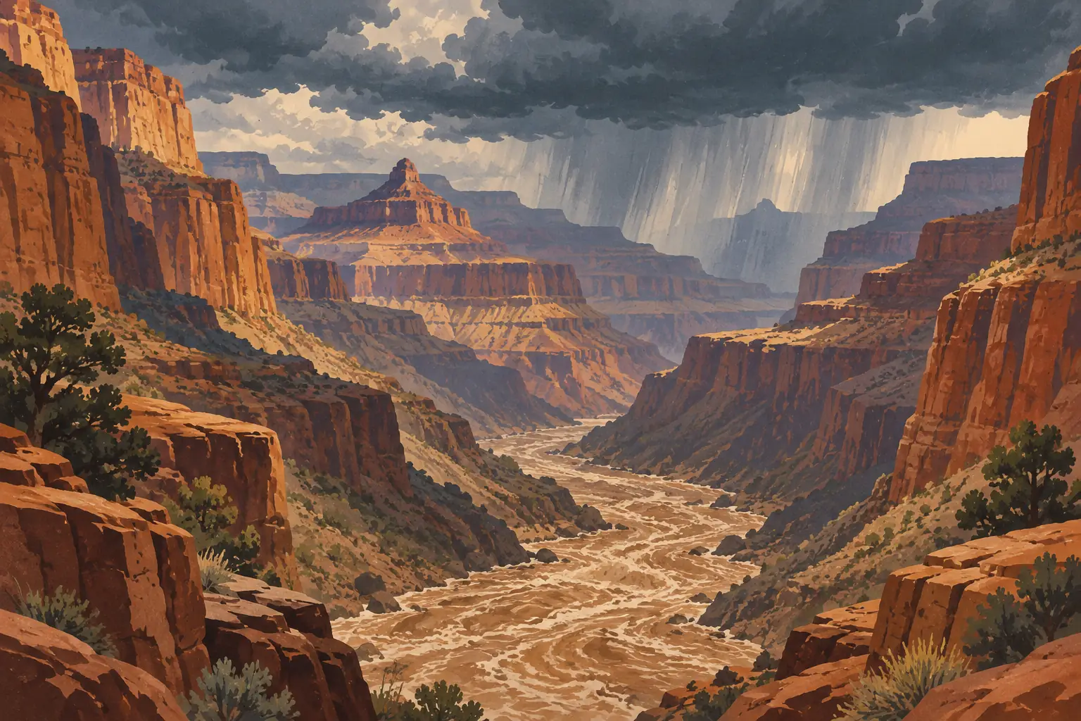 Un torrent boueux traverse les falaises rouges du Grand Canyon sous de sombres nuages et une pluie intense