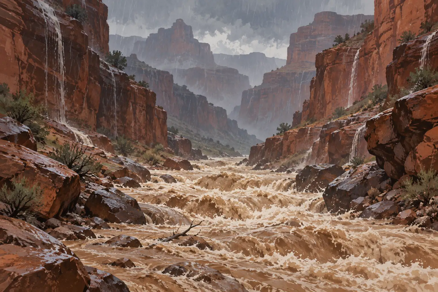 Crue boueuse et tumultueuse dans un canyon de roches rouges, sous une pluie battante et des cascades ruisselantes
