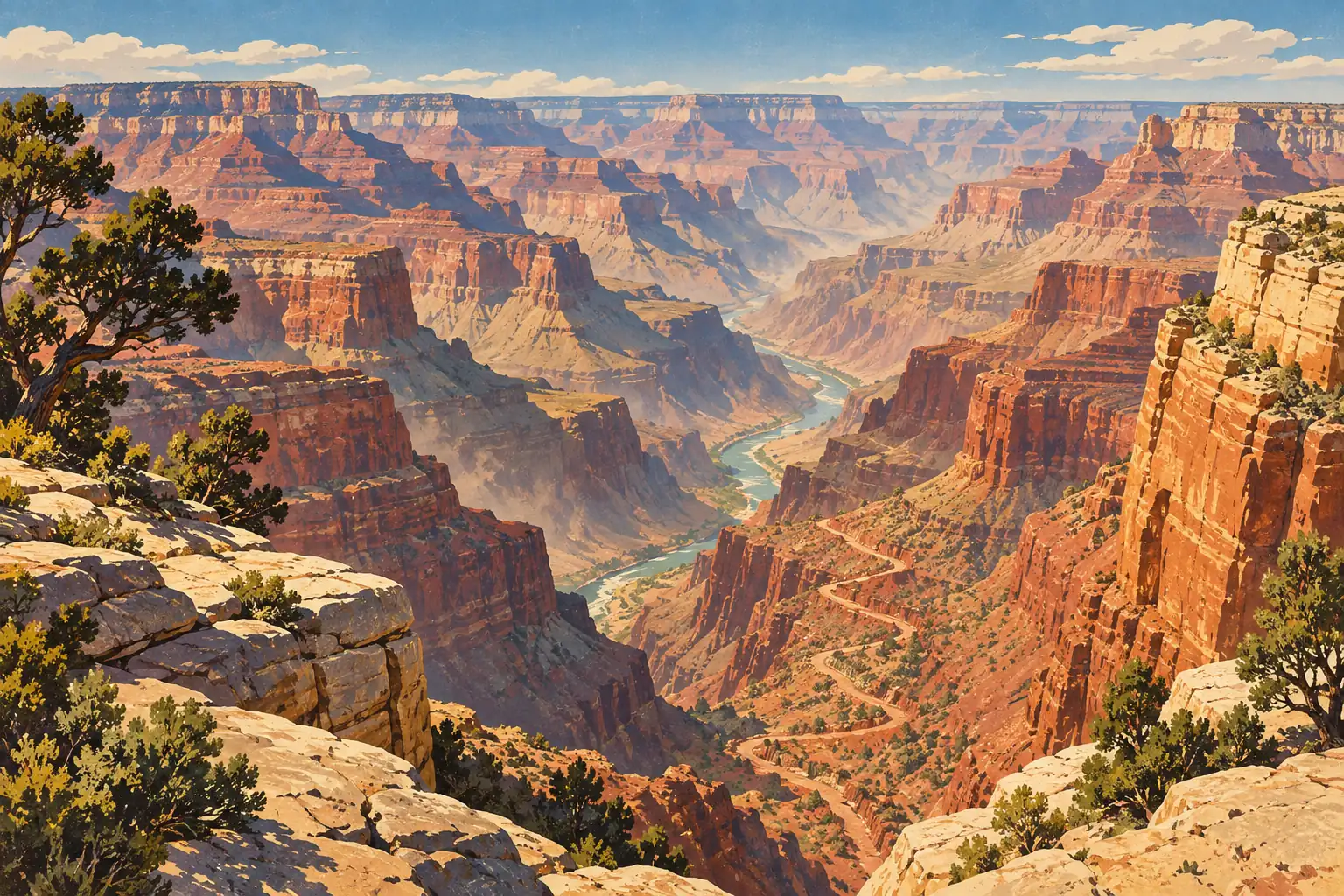 Vue panoramique du Grand Canyon, avec falaises rouges, rivière sinueuse, sentier escarpé et pins au premier plan