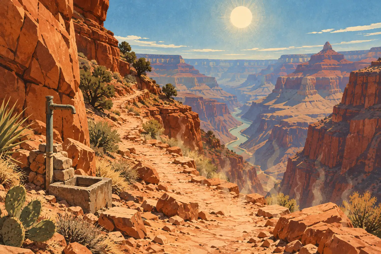 Sentier rocheux longeant les falaises du Grand Canyon, avec un robinet au premier plan et le fleuve en contrebas