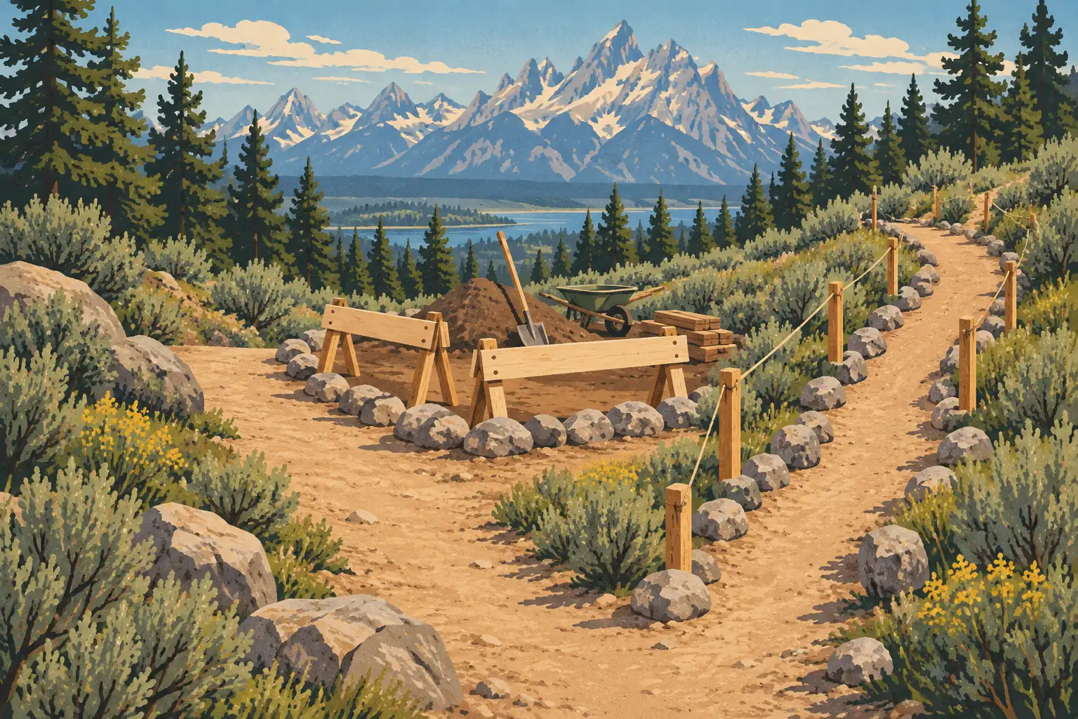 Sentier de montagne en travaux, barré par des tréteaux, avec brouette, pelle et planches face aux sommets enneigés