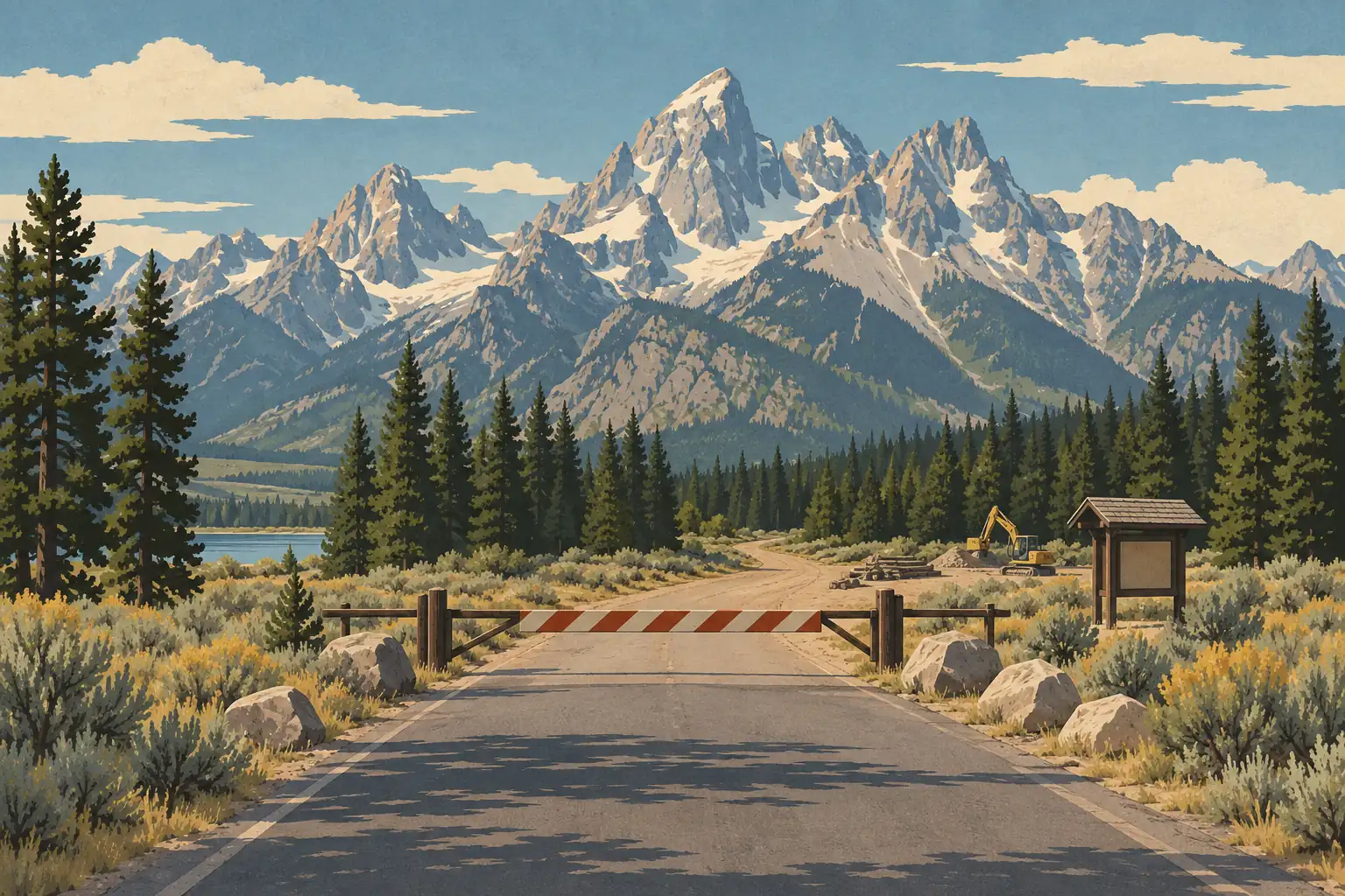 Route barrée menant aux sommets enneigés du Grand Teton, avec pins, rochers, lac et pelleteuse au loin