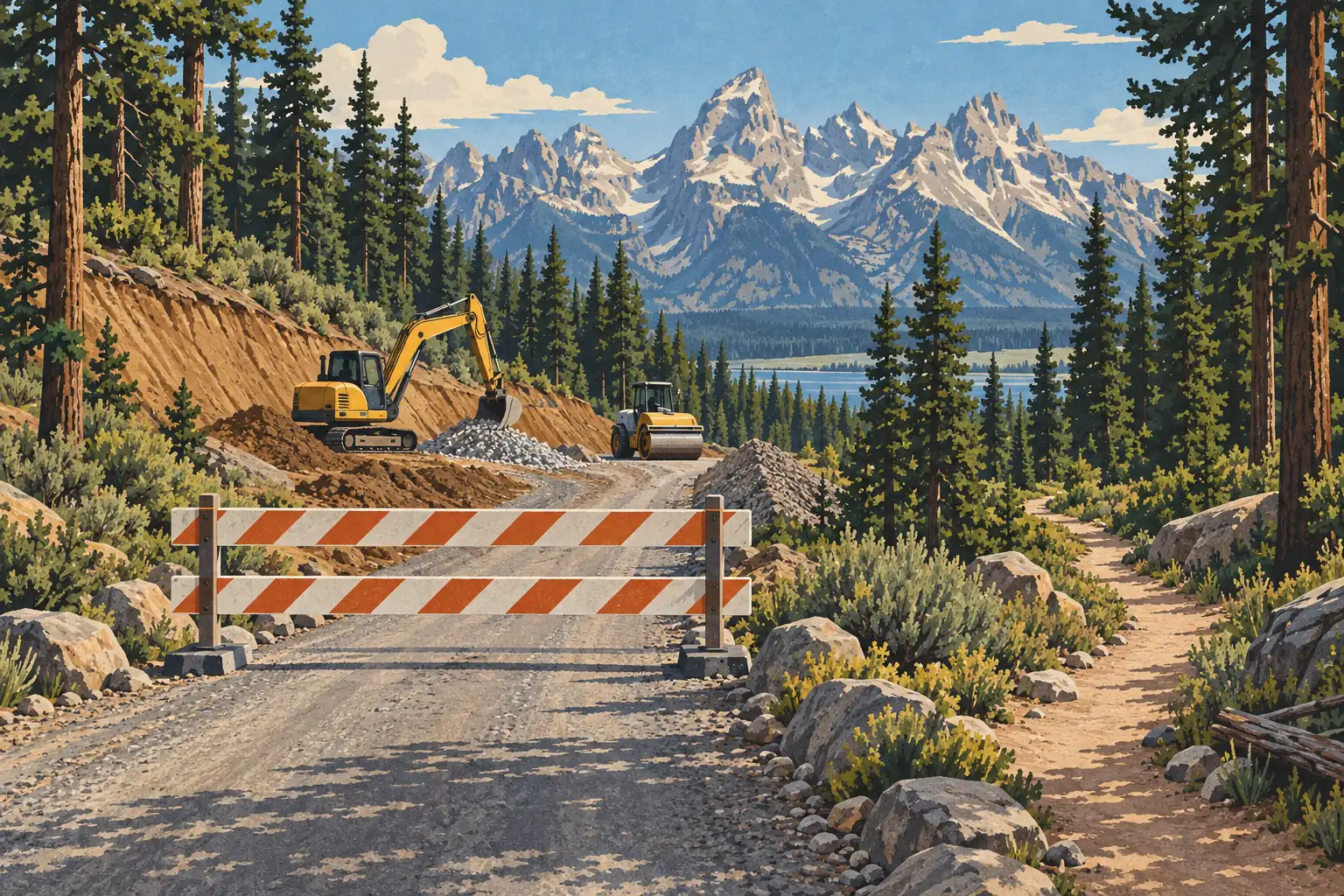 Une barrière ferme une route forestière en travaux, avec pelleteuse, rouleau compresseur et montagnes enneigées