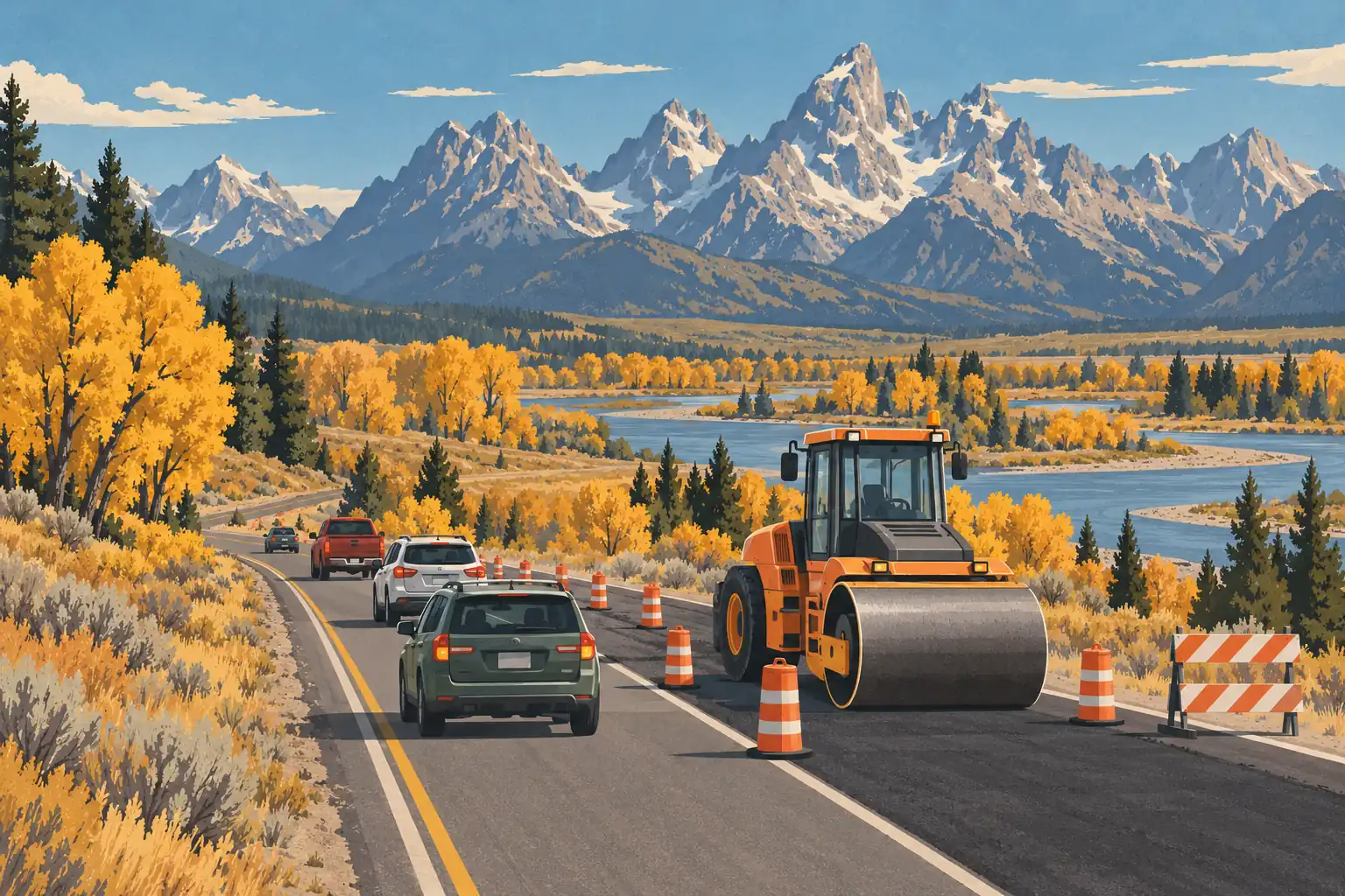 Straßenarbeiten mit Walze, Verkehrskegeln und Autos vor den schneebedeckten Grand-Teton-Bergen im Herbst