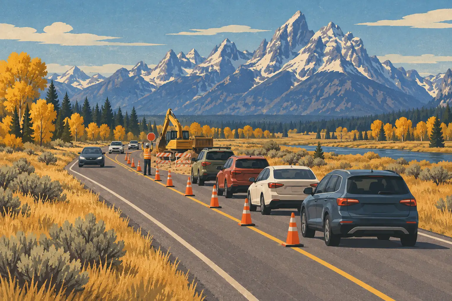 File de voitures ralentie par des travaux routiers, avec engin, cônes orange et sommets enneigés en arrière-plan