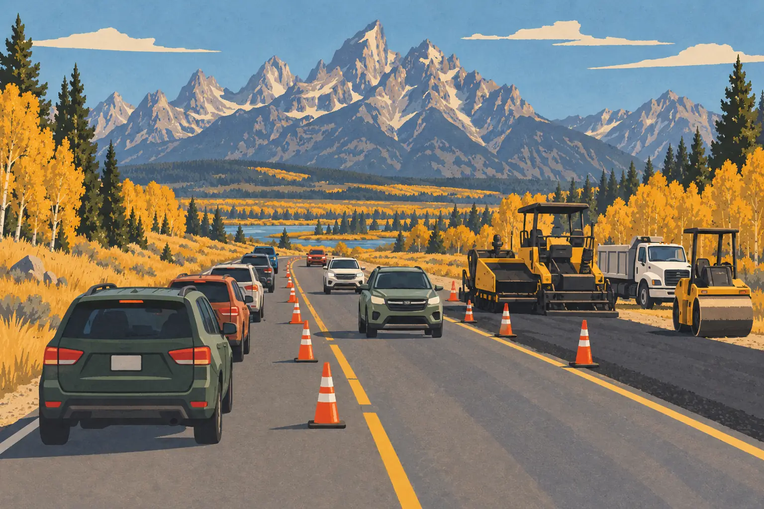 Circulation ralentie par des cônes et des engins de chantier sur une route bordée de trembles, face aux montagnes