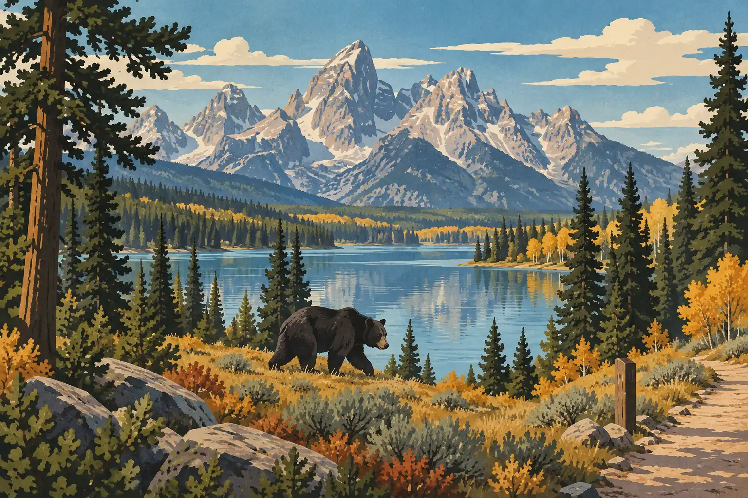 Un ours noir marche parmi les pins et les buissons d’automne, devant un lac calme dominé par des sommets enneigés