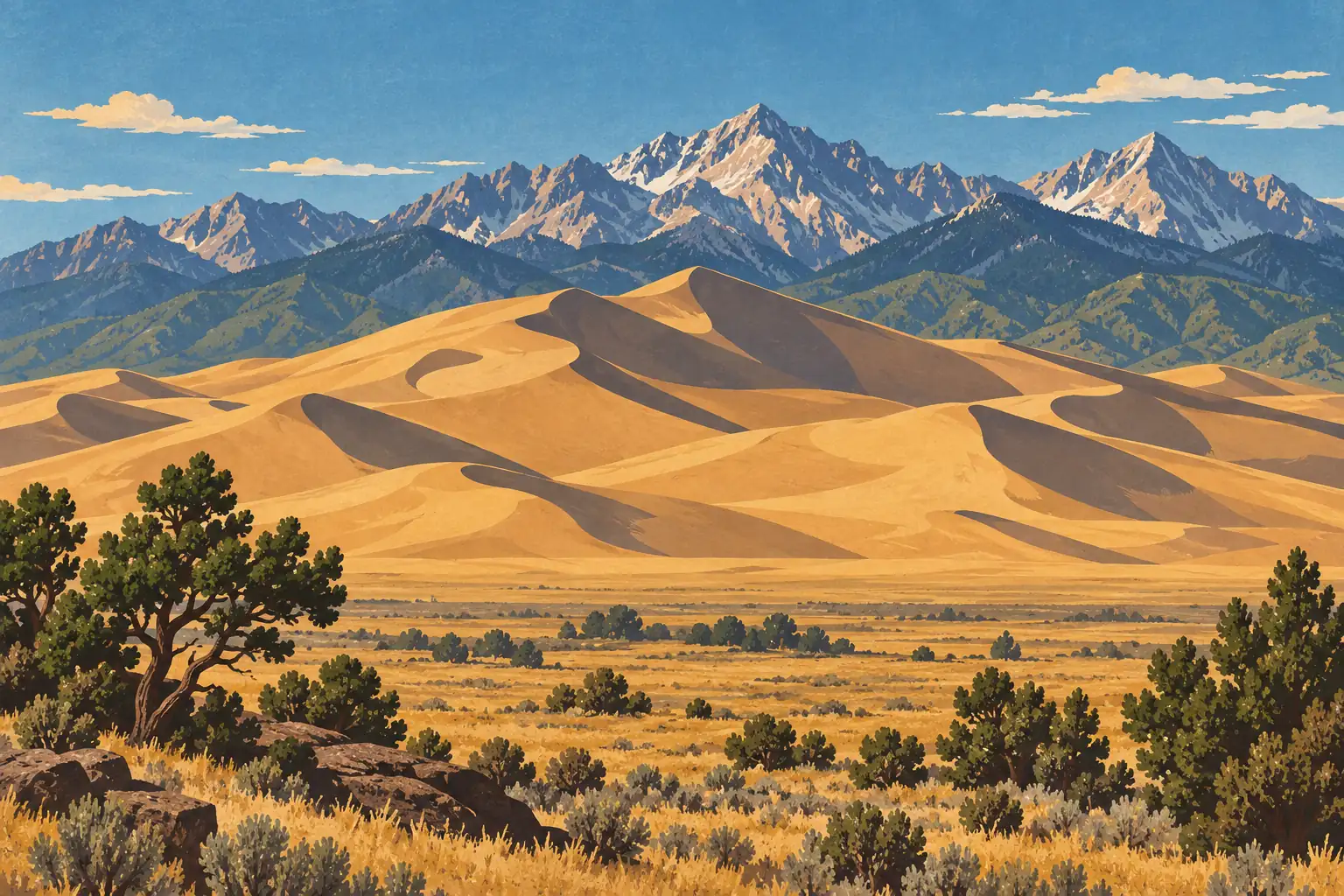 Grandes dunes dorées devant une chaîne de montagnes enneigées, sous un ciel bleu, avec pins et broussailles au premier plan