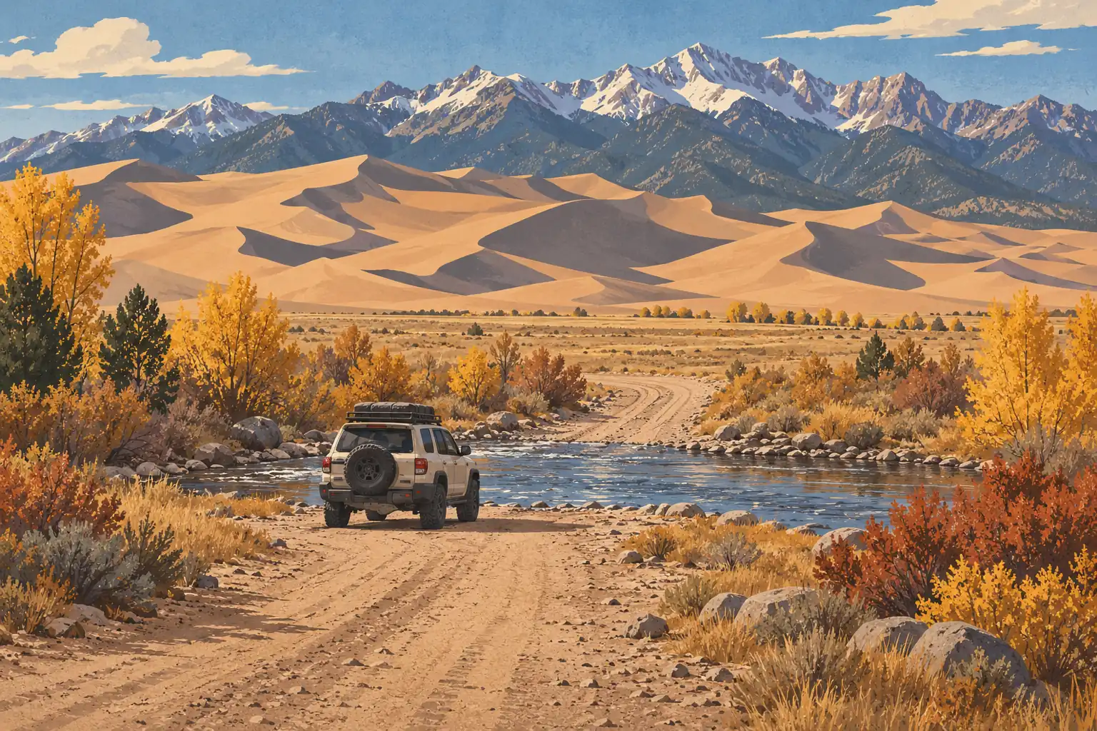 Un 4x4 sur une piste traverse une rivière, parmi les arbres d’automne, face aux dunes et aux montagnes enneigées