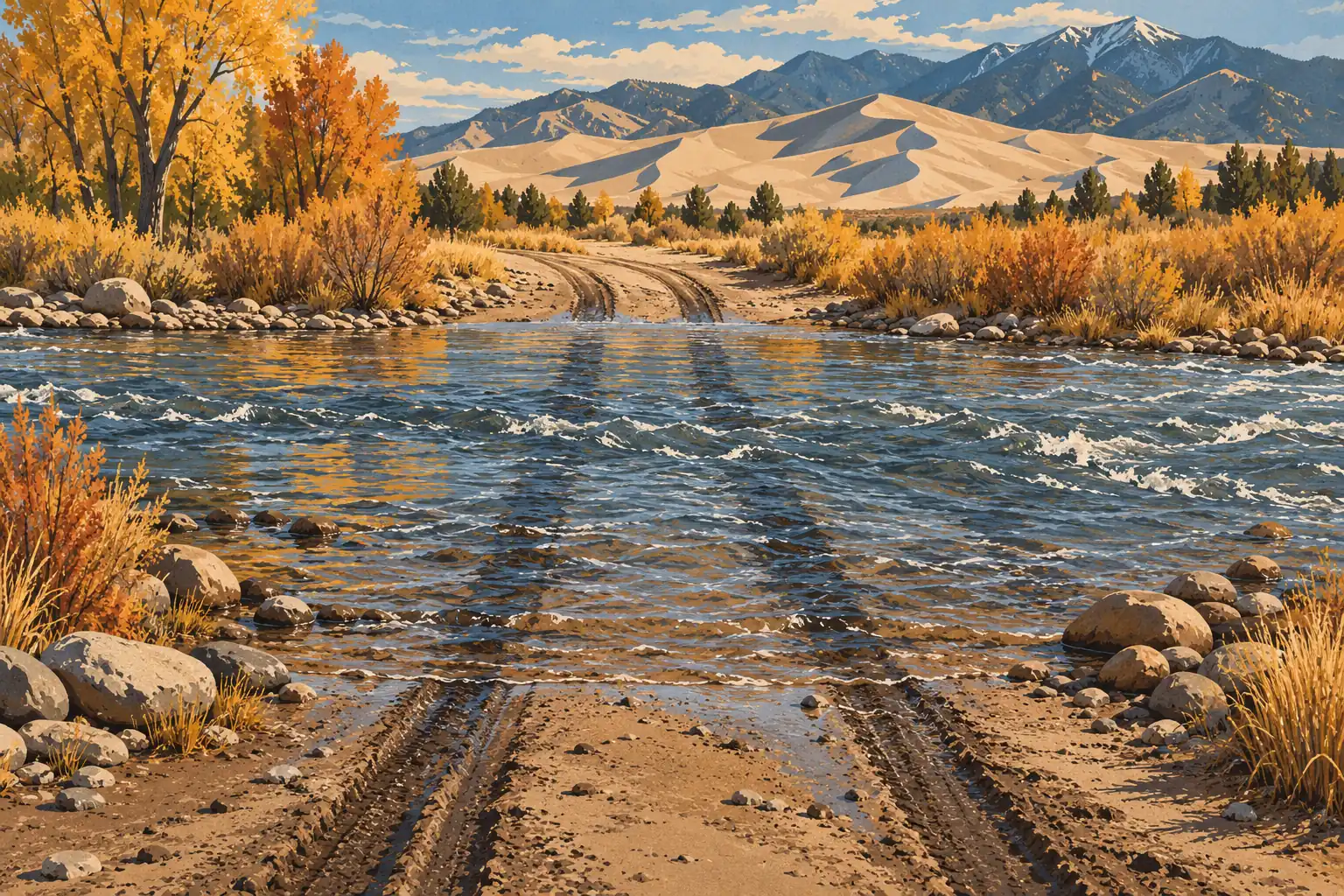 Une piste boueuse traverse une rivière agitée, bordée d’arbres dorés, devant des dunes et des montagnes enneigées