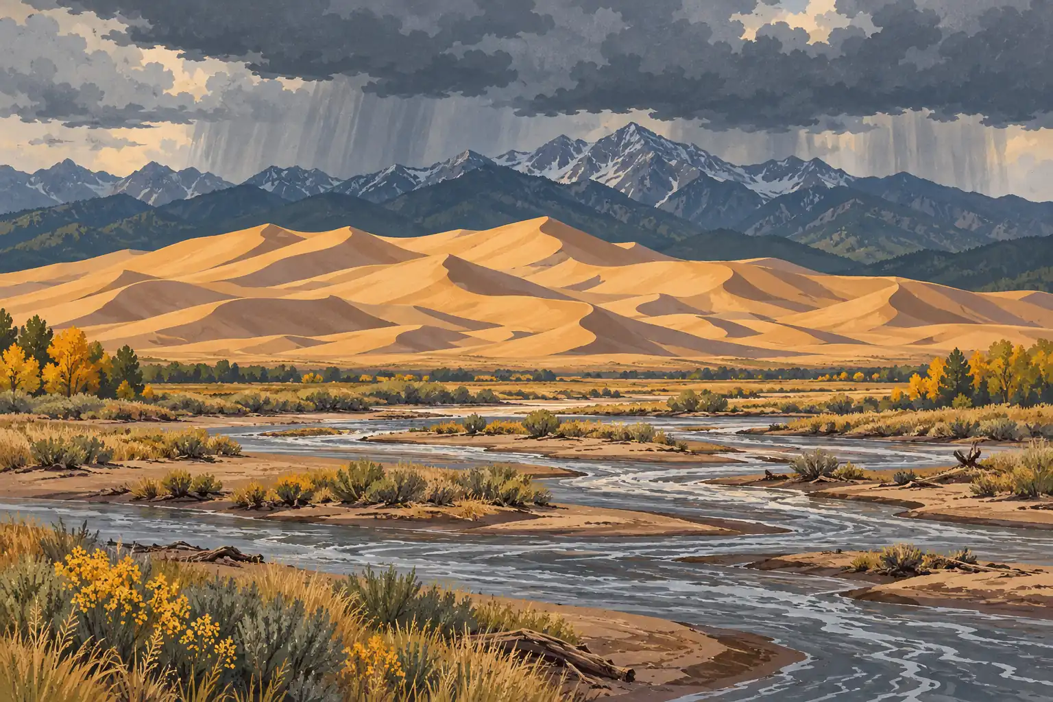 Dunes dorées devant une chaîne de montagnes enneigées, sous de sombres nuages de pluie, avec une rivière au premier plan