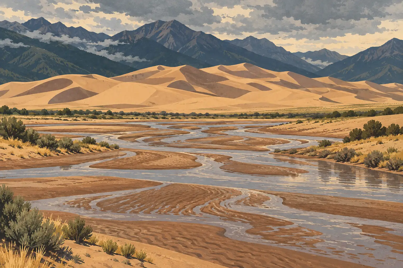 Rivière peu profonde entre des bancs de sable, devant de hautes dunes dorées et des montagnes sous un ciel nuageux