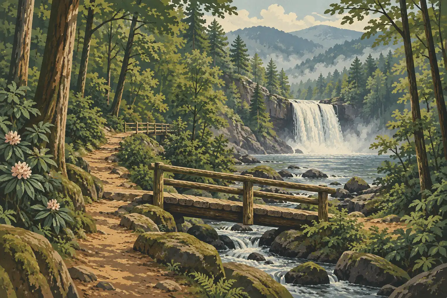 Sentier forestier longeant une rivière rocheuse, avec deux passerelles en bois et une large cascade devant les montagnes
