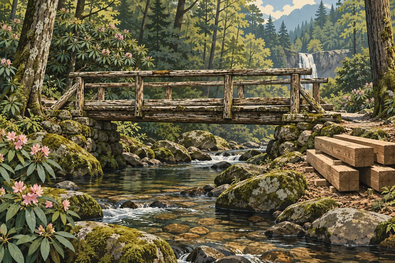 Pont rustique en bois au-dessus d’un ruisseau rocheux, entouré de rhododendrons roses, avec une cascade au loin