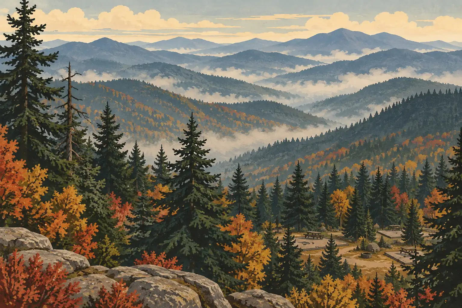 Forêt de conifères et feuillus d’automne dominant un camping, avec des montagnes brumeuses à l’horizon