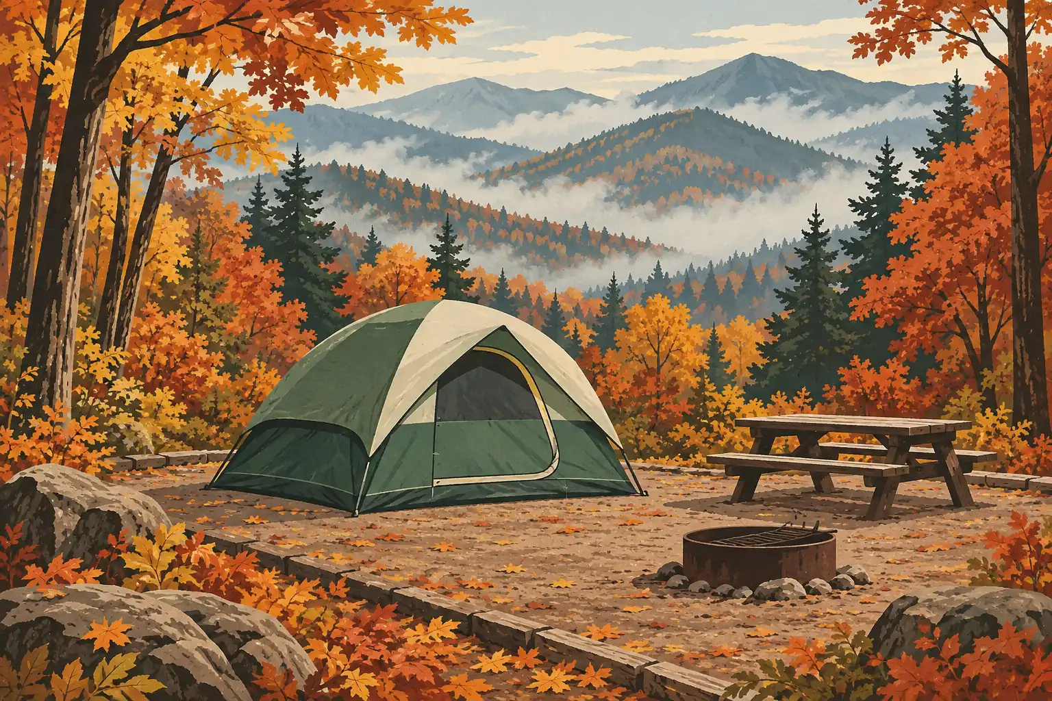 Tente verte sur un emplacement boisé, avec table de pique-nique, foyer, feuillage d’automne et montagnes brumeuses