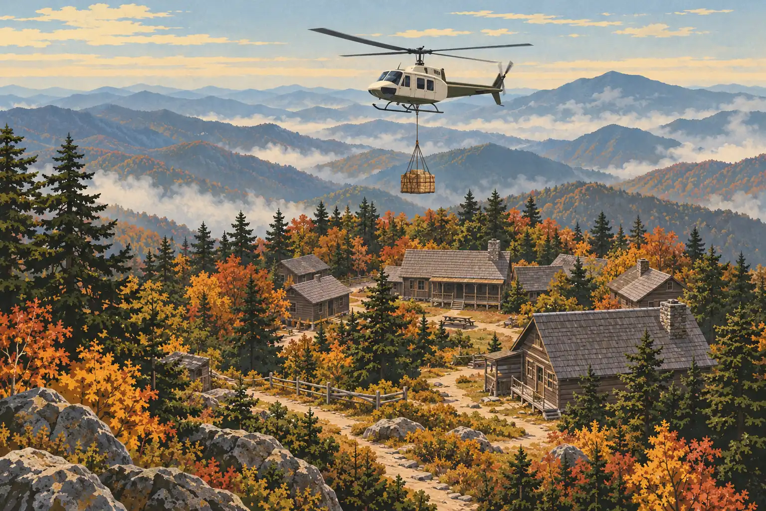 Un hélicoptère transporte une caisse au-dessus de chalets entourés de forêts automnales et de montagnes brumeuses