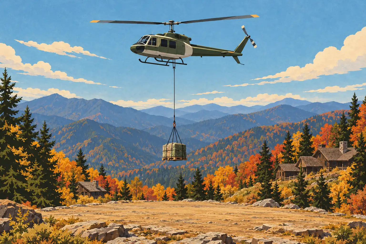 Un hélicoptère transporte une caisse suspendue au-dessus de montagnes boisées en automne, près de plusieurs chalets