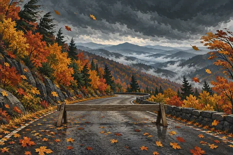 Route de montagne mouillée barrée par une barrière en bois, parmi les forêts d’automne sous un ciel d’orage