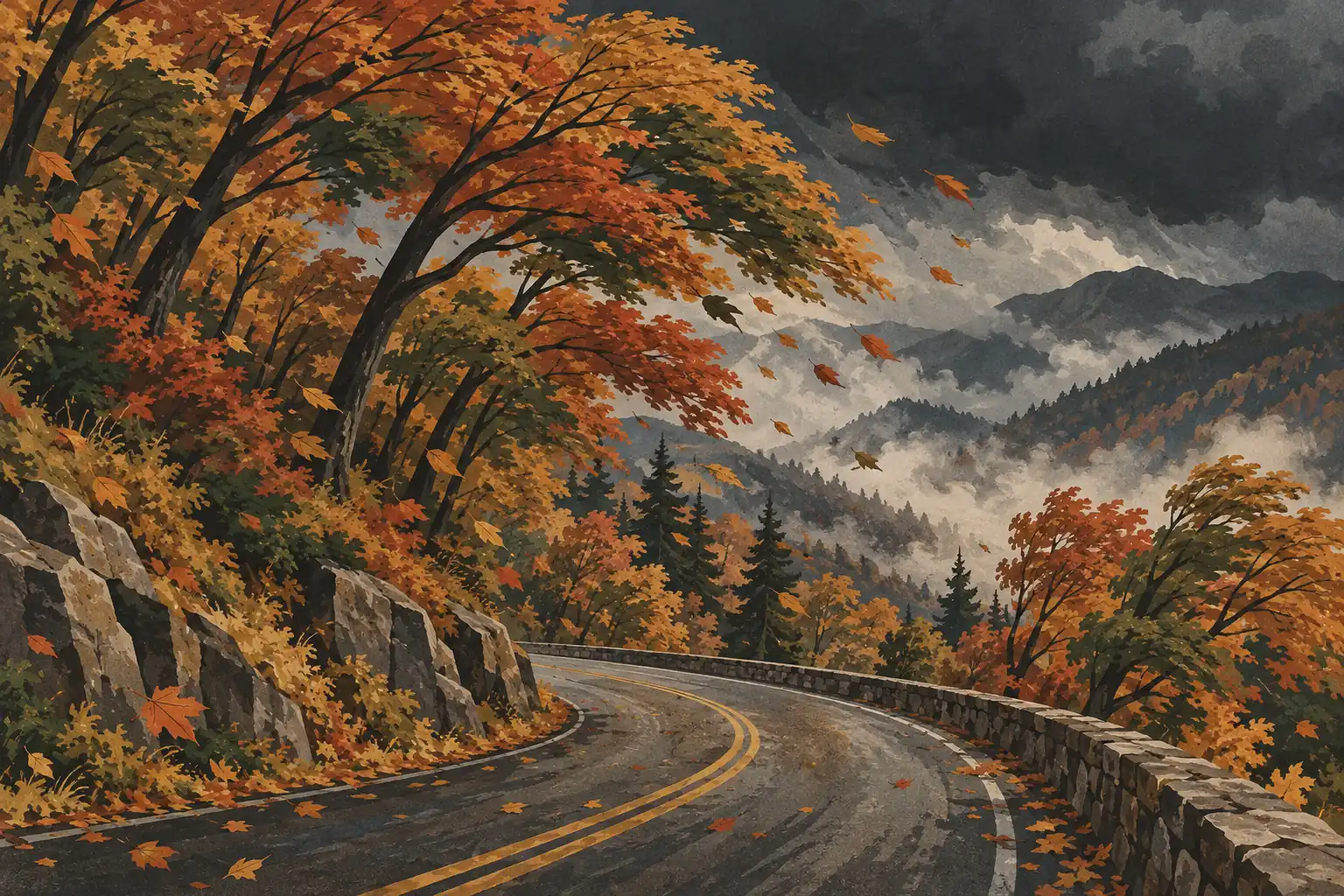 Kurvige Bergstraße zwischen herbstlich gefärbten Bäumen unter dunklen Wolken, mit Nebel über fernen bewaldeten Gipfeln