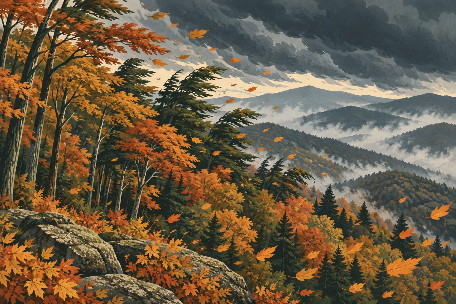 Forêt automnale balayée par le vent, feuilles orange en vol, rochers au premier plan et montagnes brumeuses sous de lourds nuages