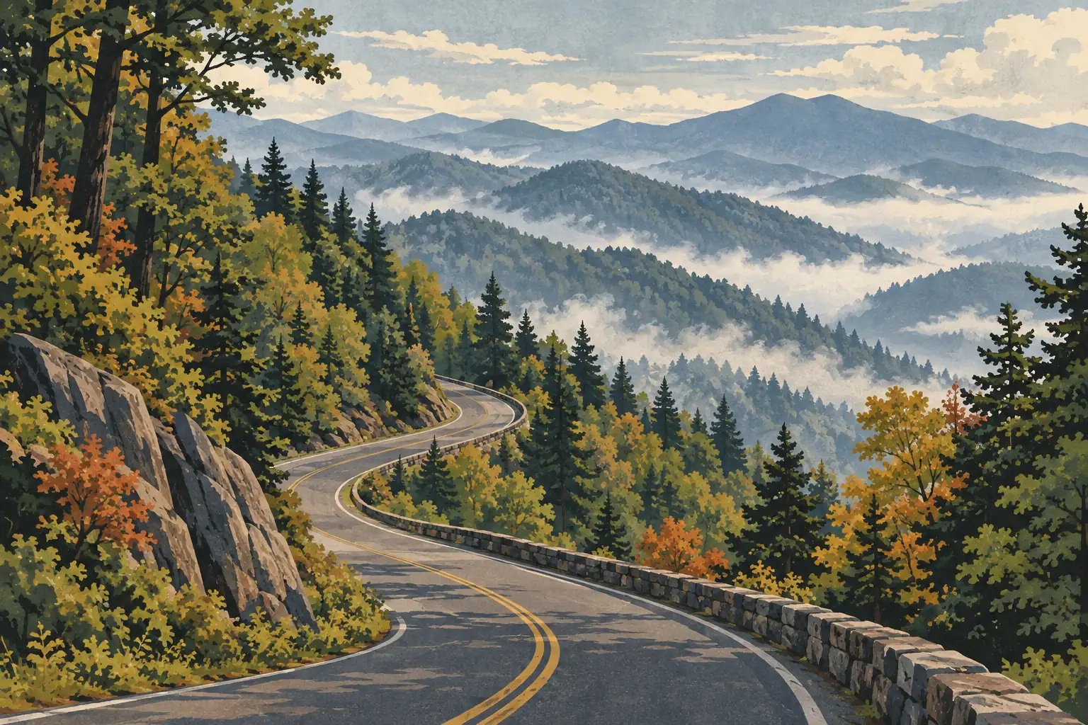 Route sinueuse bordée d’un muret de pierre, traversant une forêt automnale face aux montagnes couvertes de brume