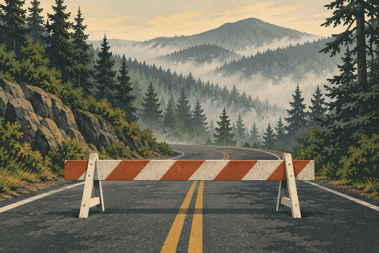 Une barrière orange et blanche bloque une route de montagne sinueuse, bordée de conifères et de sommets brumeux
