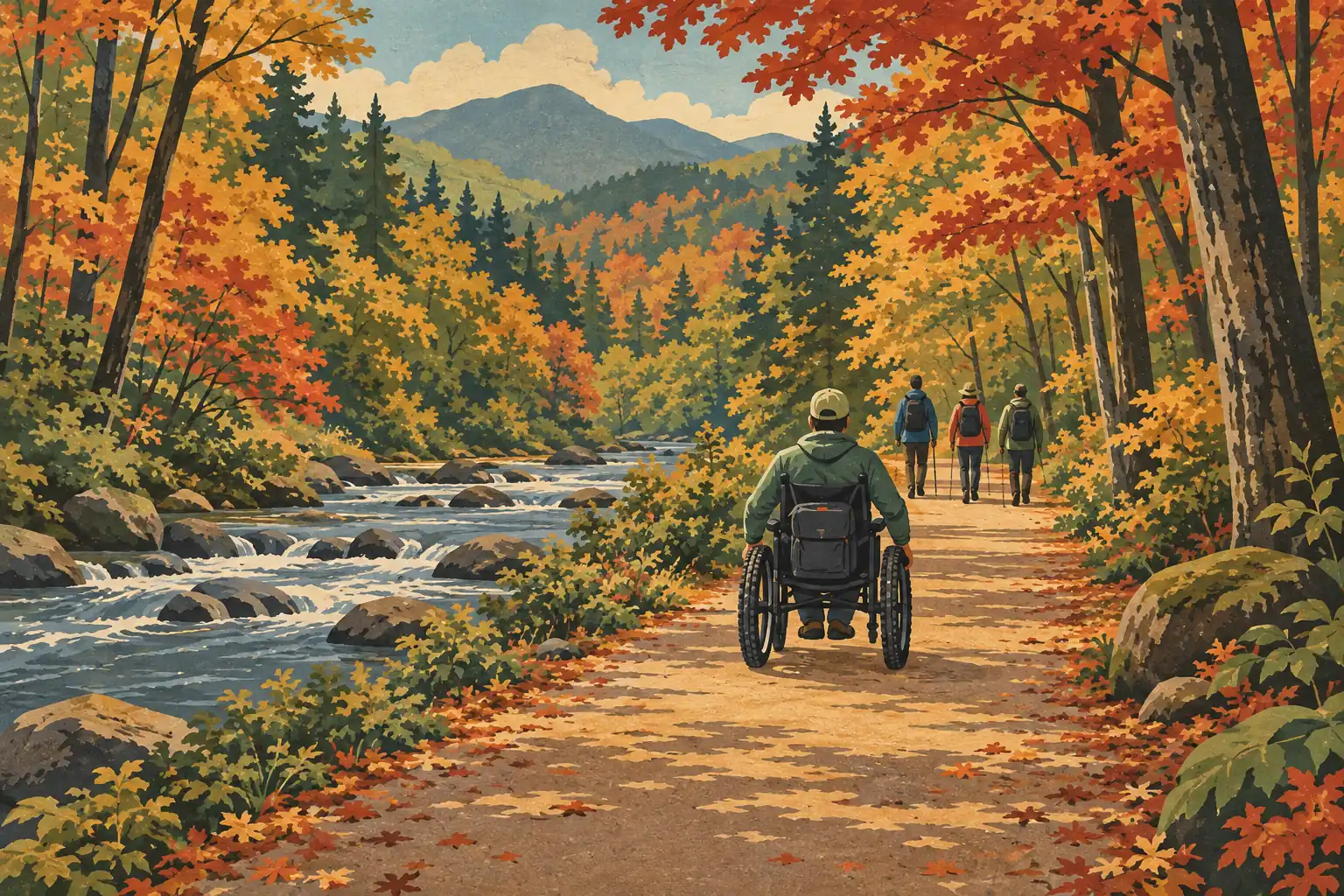 Un randonneur en fauteuil roulant suit un sentier près d’une rivière, derrière trois marcheurs, sous les feuillages d’automne