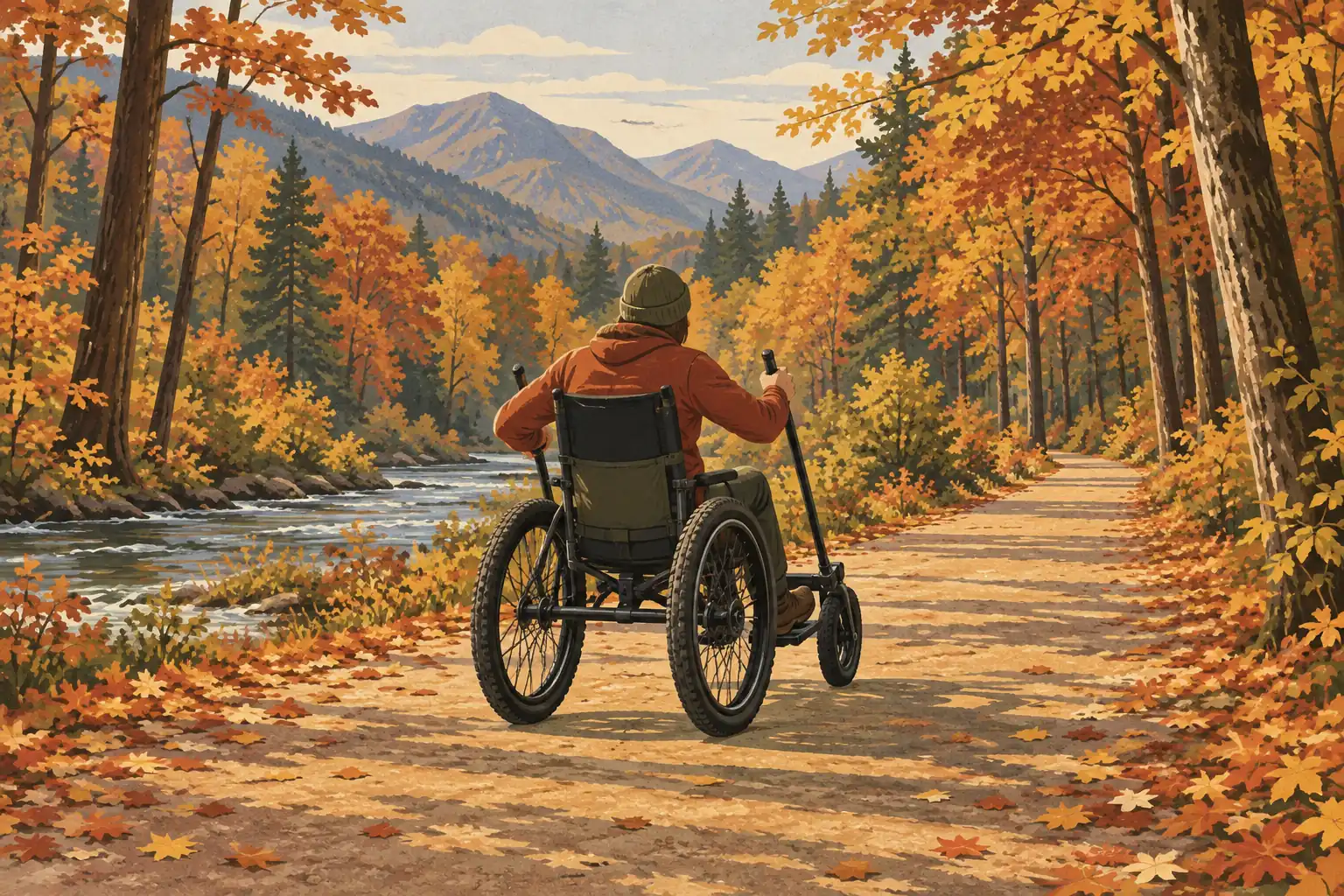 Une personne en fauteuil roulant avance sur un large sentier forestier, près d’une rivière, face aux montagnes d’automne