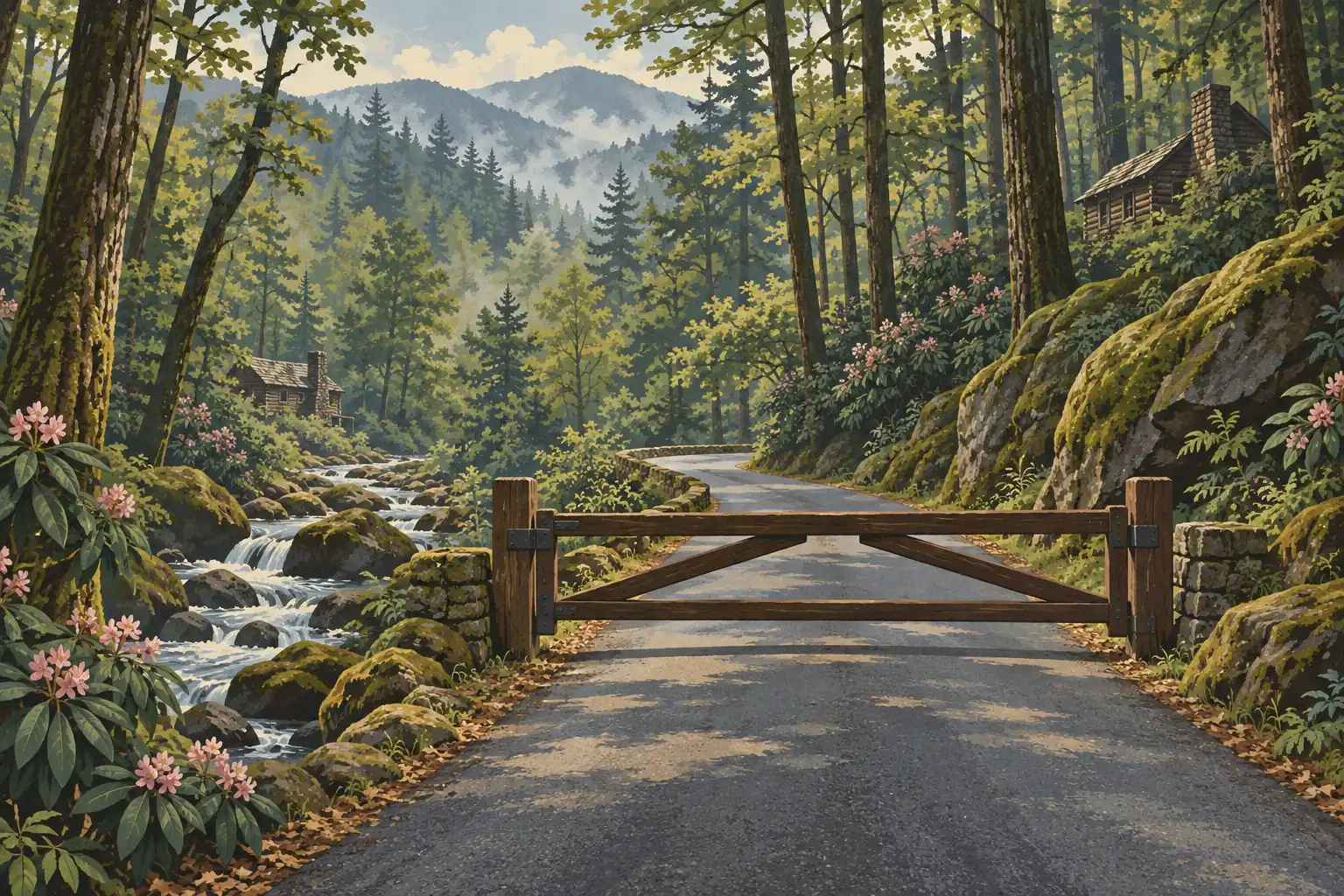 Barrière en bois fermant une route forestière, près d’un ruisseau rocheux, de cabanes et de montagnes brumeuses
