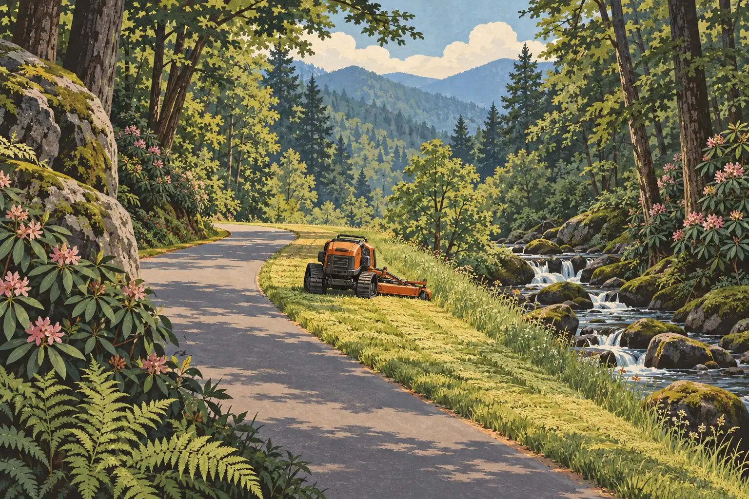 Une tondeuse orange coupe l’herbe au bord d’une route sinueuse, près d’un ruisseau rocheux en forêt et de montagnes