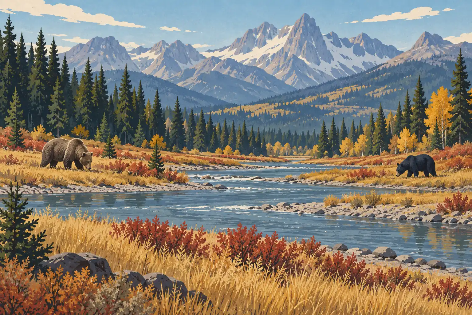 A grizzly and a black bear walk along a riverbank amid autumn grasses, evergreen forests, and snowcapped mountains