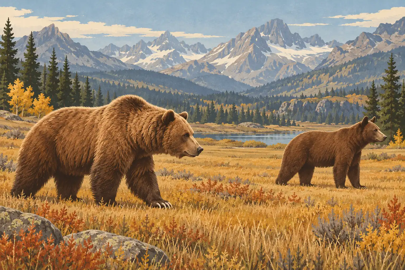 Two brown bears cross a golden meadow beside a lake, with evergreen forests and tall snow-covered mountains behind them