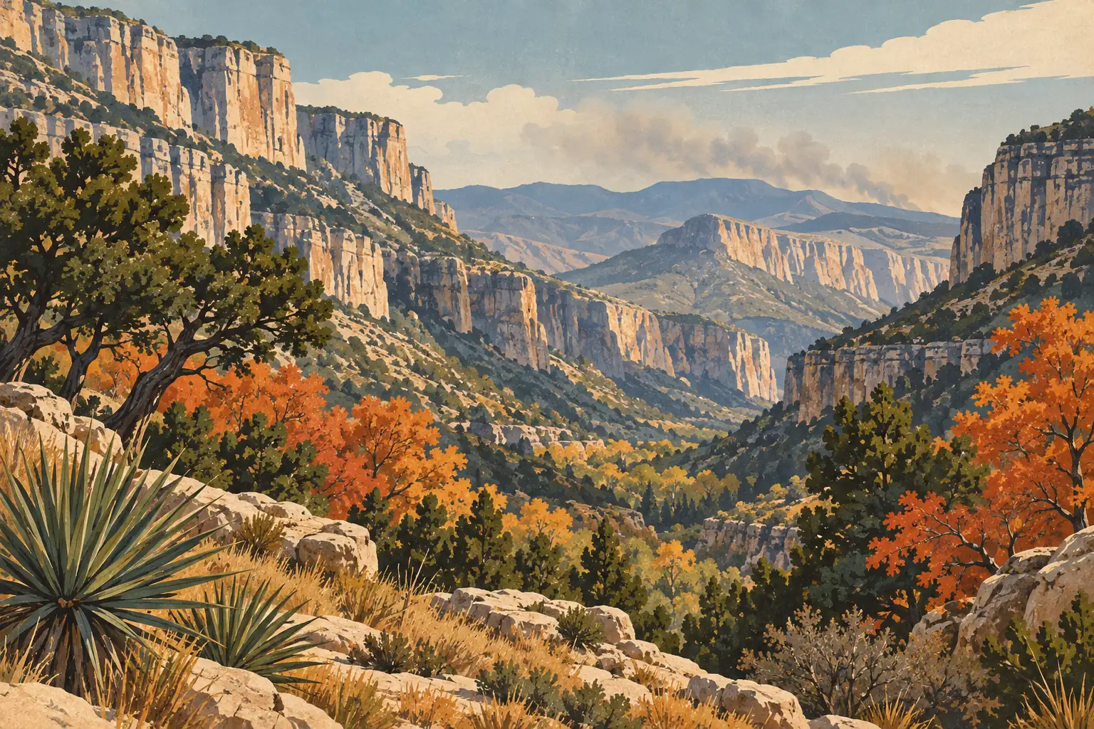 Canyon rocheux bordé de hautes falaises, avec yuccas, conifères et arbres orangés sous un ciel nuageux