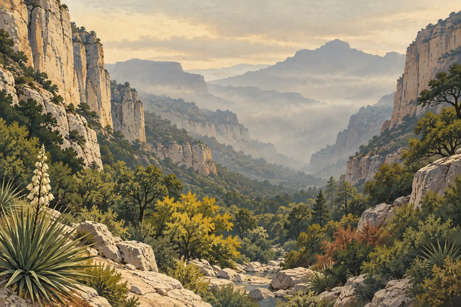 Vallée boisée entre de hautes falaises rocheuses, avec yuccas, feuillages jaunes et ruisseau sous un ciel nuageux