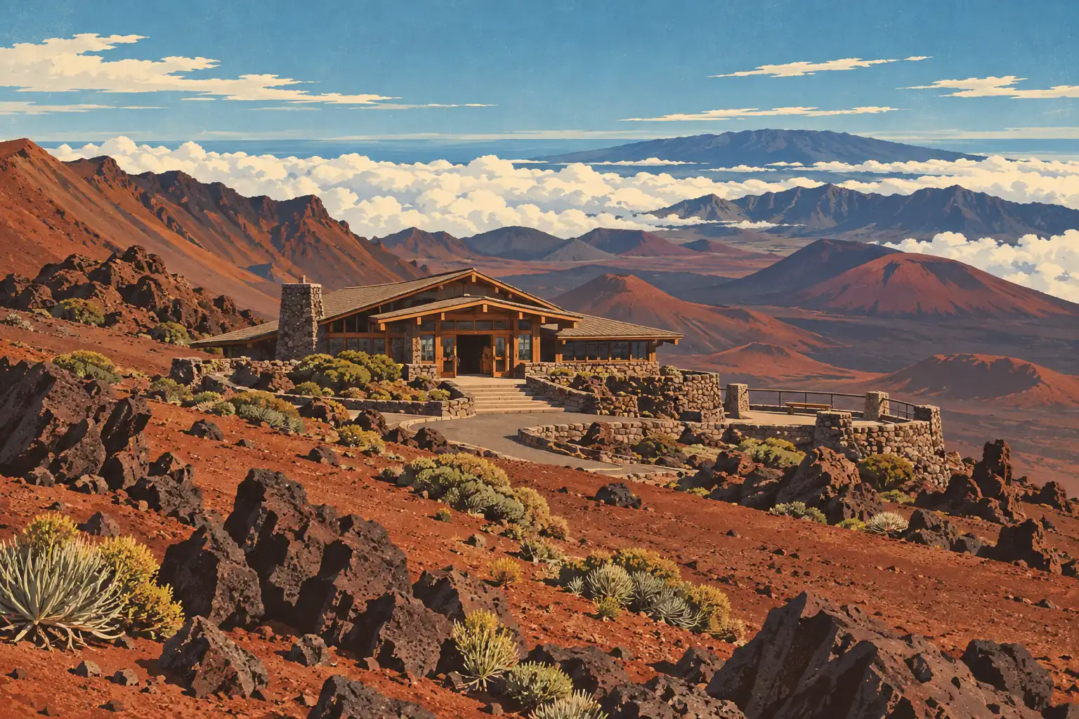 Un centre d’accueil en pierre au milieu d’un paysage volcanique rouge, avec des cratères, des nuages et une île au loin