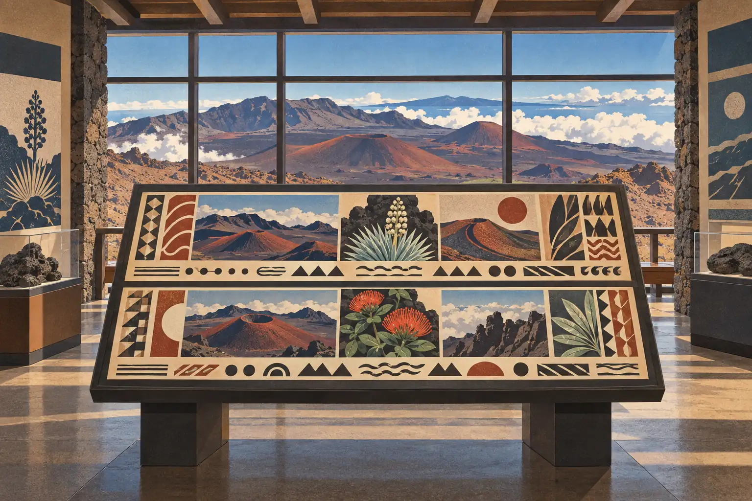 Table d’exposition illustrée devant de grandes baies vitrées donnant sur le cratère volcanique du Haleakalā