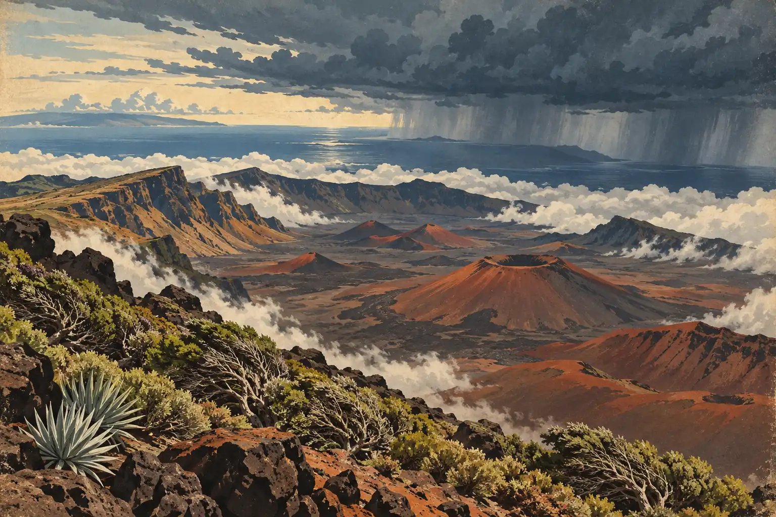 Vaste caldeira volcanique aux cônes rougeoyants, bordée de roches et d’arbustes, sous un front d’orage et des pluies
