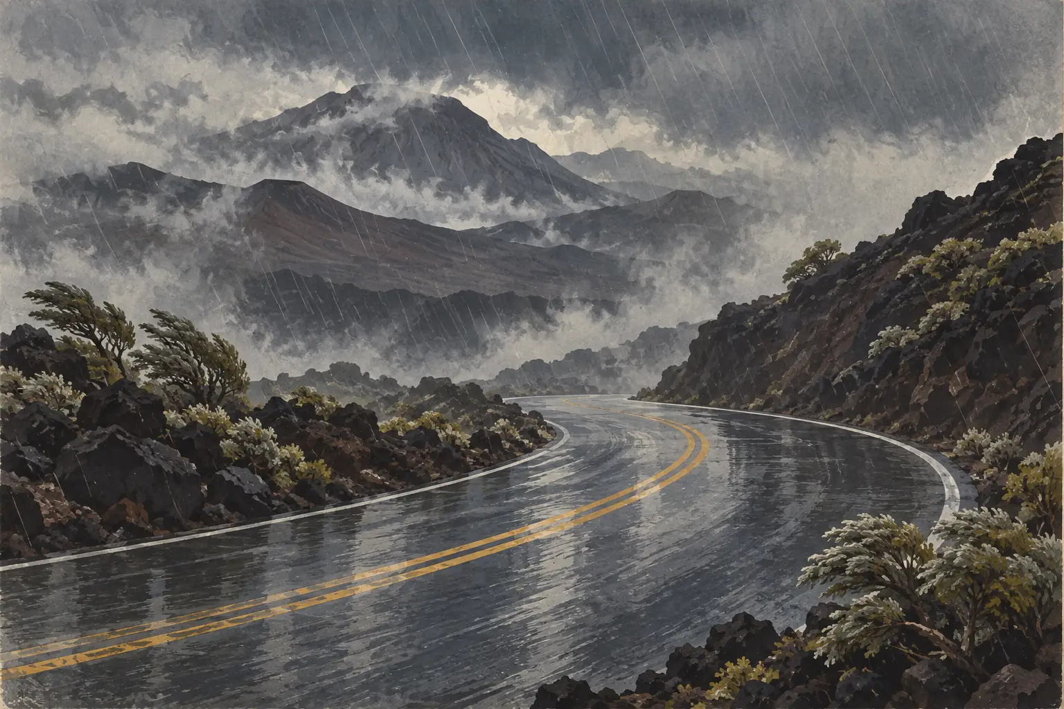 Route détrempée serpentant entre des roches volcaniques, sous une pluie battante et des montagnes noyées de brume