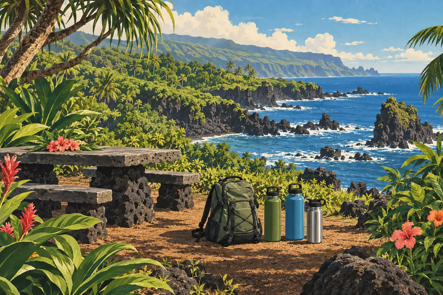 Côte tropicale rocheuse bordée d’une végétation luxuriante, avec table de pique-nique, sac à dos et gourdes au premier plan