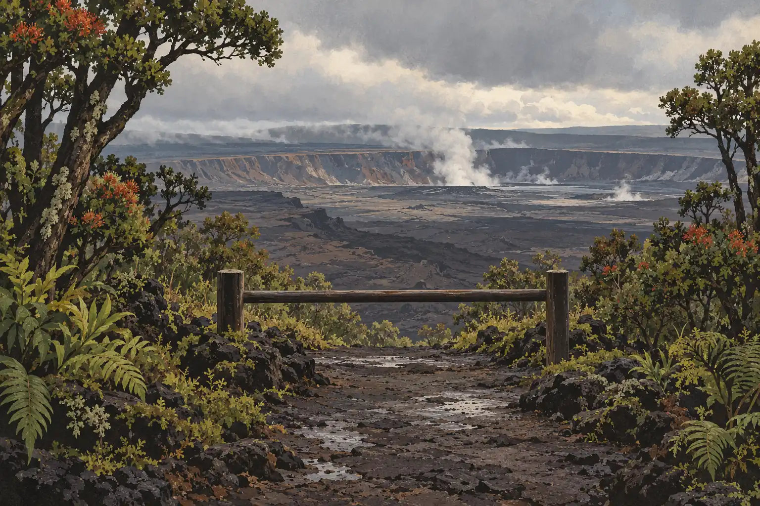 Sentier de lave humide bordé de fougères et d’arbres, face à une vaste caldeira d’où montent plusieurs panaches de vapeur