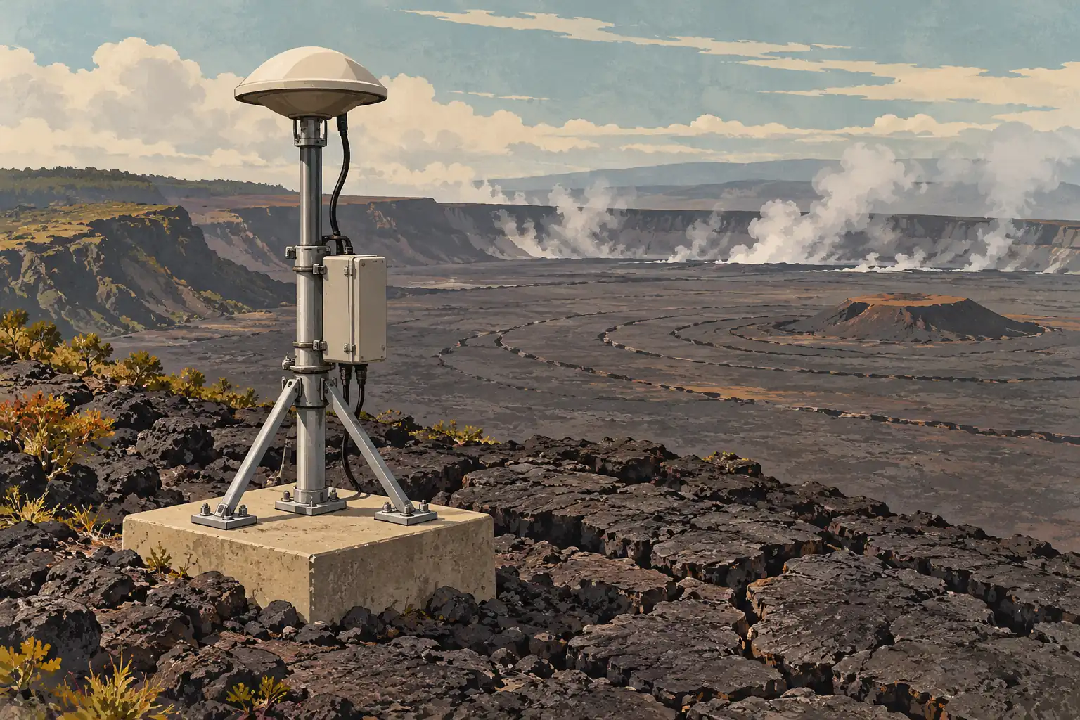 Station de mesure sur un socle en béton au bord d’une vaste caldeira volcanique fumante à Hawaï
