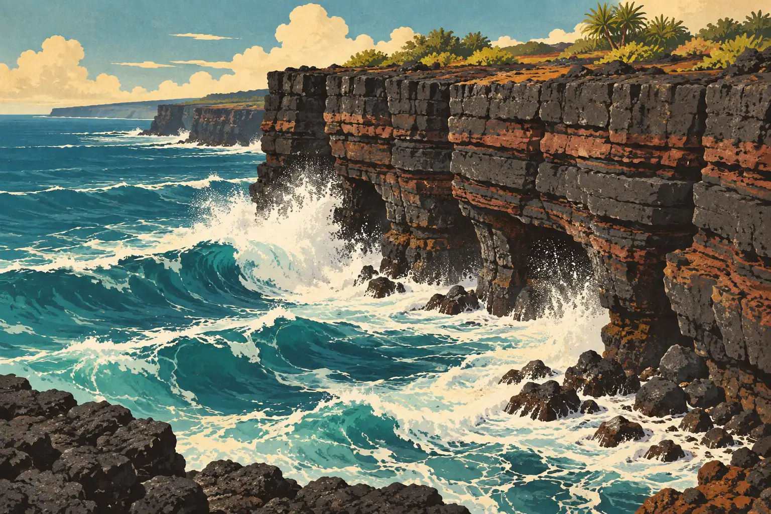 De puissantes vagues turquoise frappent de hautes falaises de lave noire, sous un ciel bleu nuageux bordé de végétation tropicale