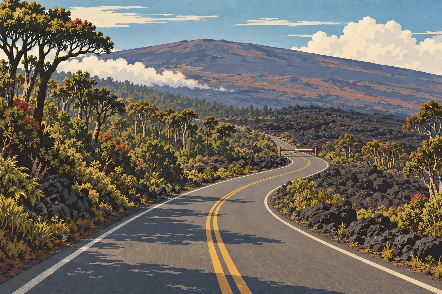 Route sinueuse à double ligne jaune traversant une forêt et des champs de lave noire, avec un vaste volcan sous les nuages