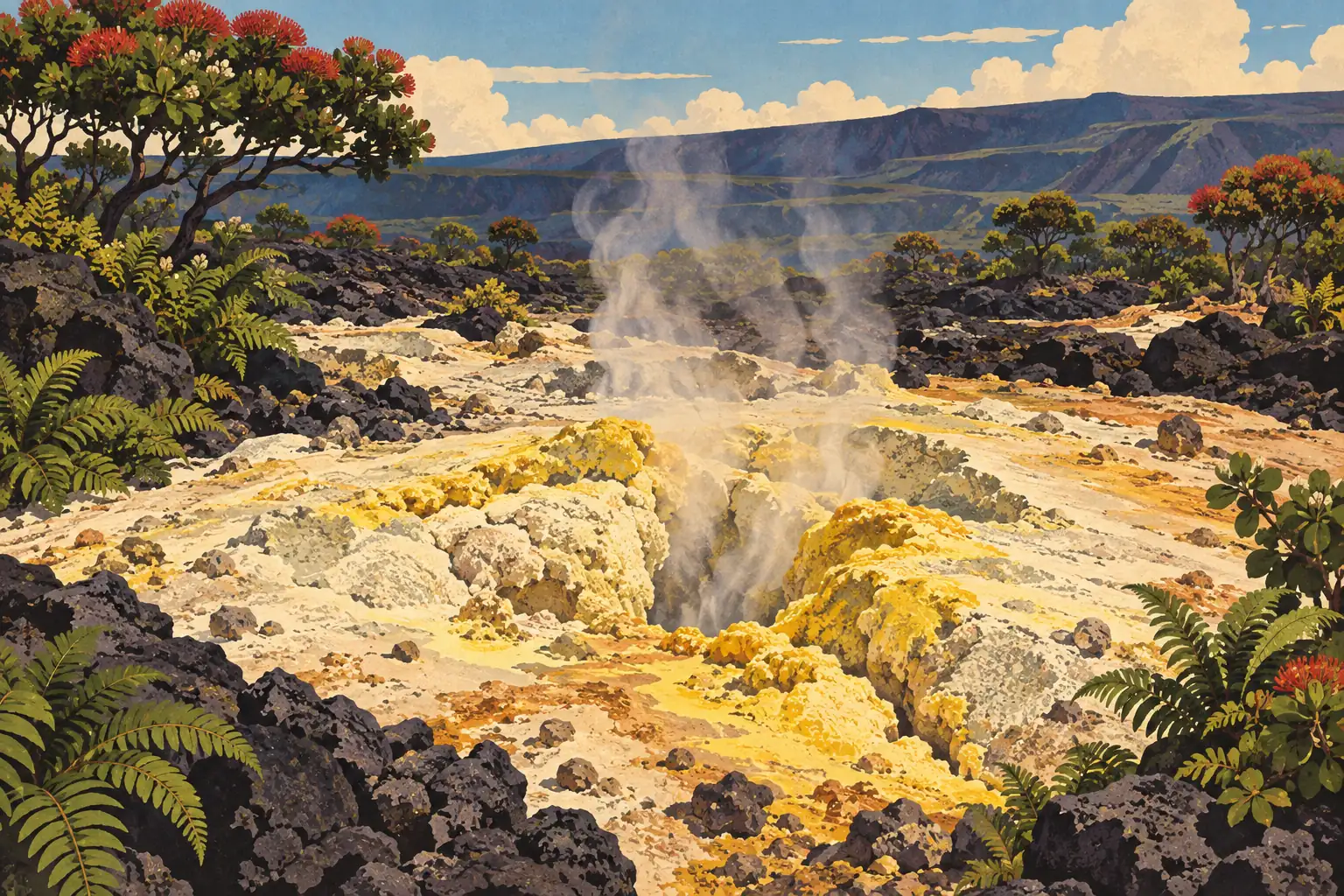 Fumerolles s’élevant de dépôts de soufre jaunes, au milieu de roches volcaniques noires et d’une végétation tropicale